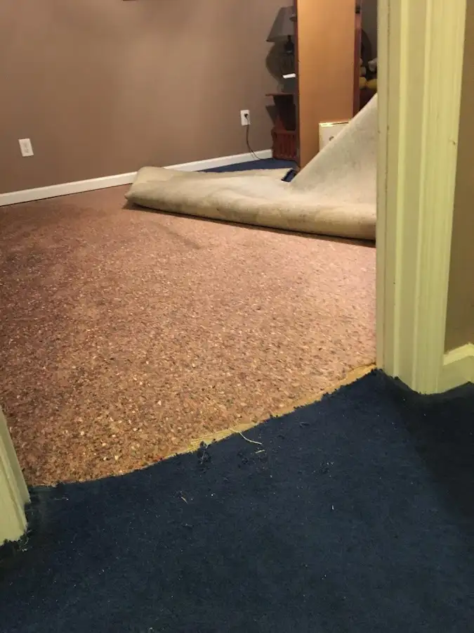 Carpet pad removal revealing water damage during Drying & Dehumidification in Destin